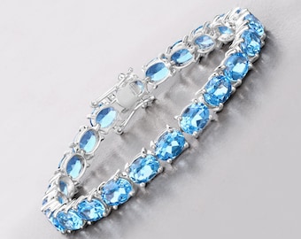 Swiss Blue Topaz Bracelet, Natural Blue Topaz Bracelet, Swiss Blue Topaz Oval Sterling Silver Tennis Bracelet, December Birthstone Bracelet