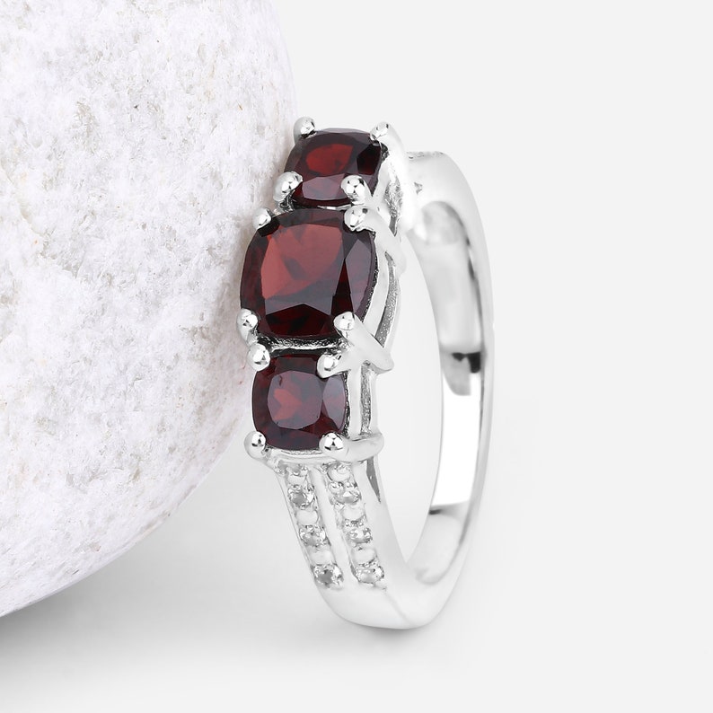 Garnet Silver Ring, Natural 3-Stone Garnet Ring in 925 Sterling Silver, Mozambique Garnet Silver Ring, January Birthstone Ring