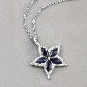 Sapphire Pendant, Genuine Blue Sapphire and White Zircon Floral Pendant Necklace for Women, Sapphire Floral Pendant, September Birthstone