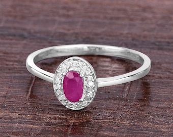 14K Gold Ruby Ring, Natural Ruby and Diamond White Gold Ring, Minimalist Ring, Dainty Ruby Gold Ring, July Birthstone, Engagement Ring