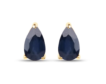 14K Solid Yellow Gold Sapphire Earrings, Natural Midnight Blue Sapphire Pear Shape Stud Earrings, Dainty September Birthstone Earrings
