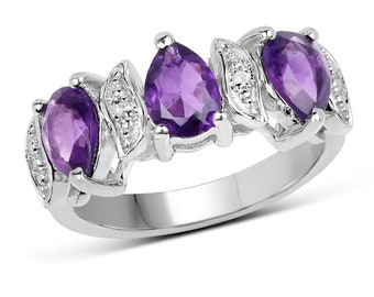 Amethyst Ring, 3 Stone Amethyst Silver Ring, Natural Amethyst Ring for Women, February Birthstone Ring