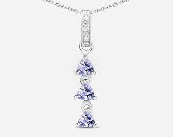 Tanzanite Pendant, Natural Tanzanite Trillion 3-Stone Pendant in .925 Sterling Silver for Women, December Birthstone