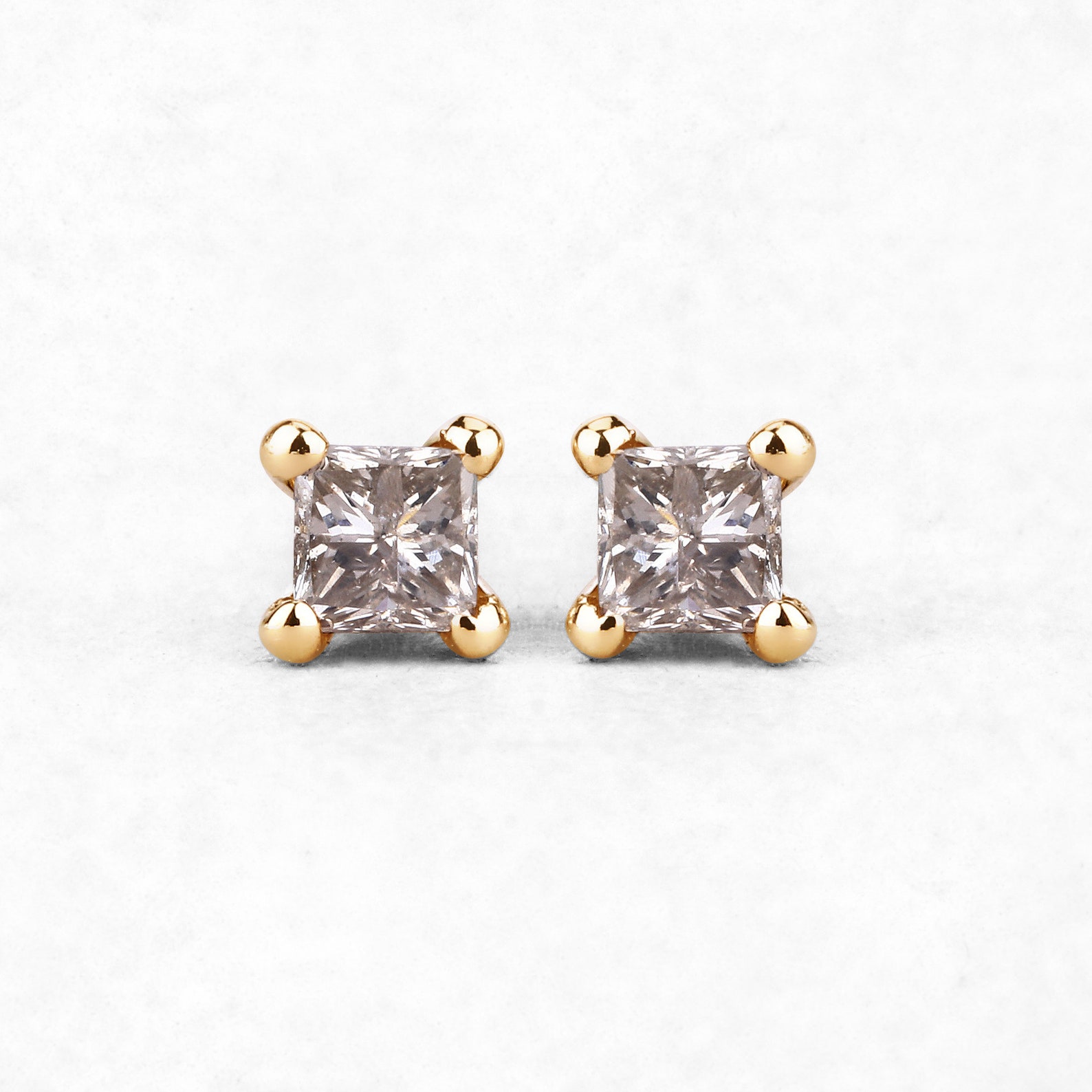 Champagne Diamond Earrings 14k Solid Yellow Gold Princesscut Etsy