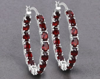 Garnet Earrings, Genuine Garnet Hoop Silver Earrings for Women, Natural Red Gemstone Earrings, Bridesmaid Gift for Her, Bridesmaid Gift