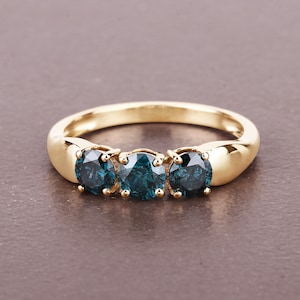Blue Diamond Ring, Blue Diamond Ring, 3 Stone Blue Diamond Ring, Yellow Gold Ring, April Birthstone Ring, Gift for Women, Bridesmaid Gift