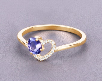 Tanzanite Ring, Solid 14k Yellow Gold Tanzanite Diamond Ring, Lavender Gemstone Ring, Minimalist Ring, Dainty Gold Ring, Bridesmaid Gift