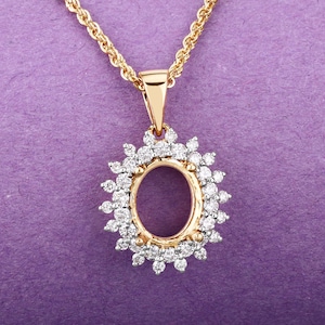 14k Gold Semi Mount Pendant with Natural Diamonds, Customizable Gold Pendant Semi-Mount, 14k Diamond Semi-Mount - holds 11x9mm Oval Stone