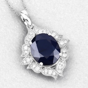 Natural Blue Sapphire and White Diamond 14K White Gold Statement Pendant, Sapphire Pendant, September Birthstone, Anniversary Gift