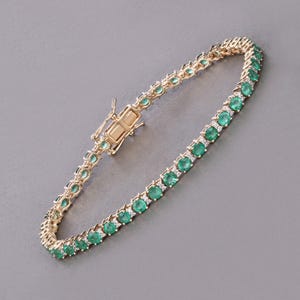 14k Gold Emerald Bracelet, Genuine Zambian Emerald and Diamond Gold Bracelet, Yellow Gold Emerald Tennis Bracelet, May Birthstone Bracelet