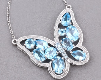 Swiss Blue Topaz Pendant, Genuine Swiss Blue Topaz Sterling Silver Butterfly Pendant Necklace, Topaz Butterfly Pendant Gift for Her