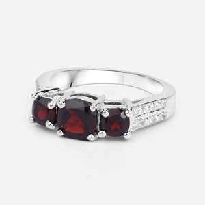 Garnet Silver Ring, Natural 3-Stone Garnet Ring in 925 Sterling Silver, Mozambique Garnet Silver Ring, January Birthstone Ring