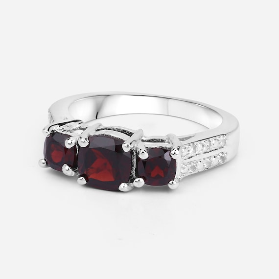 Garnet Silver Ring, Natural 3-Stone Garnet Ring in 925 Sterling Silver, Mozambique Garnet Silver Ring, January Birthstone Ring
