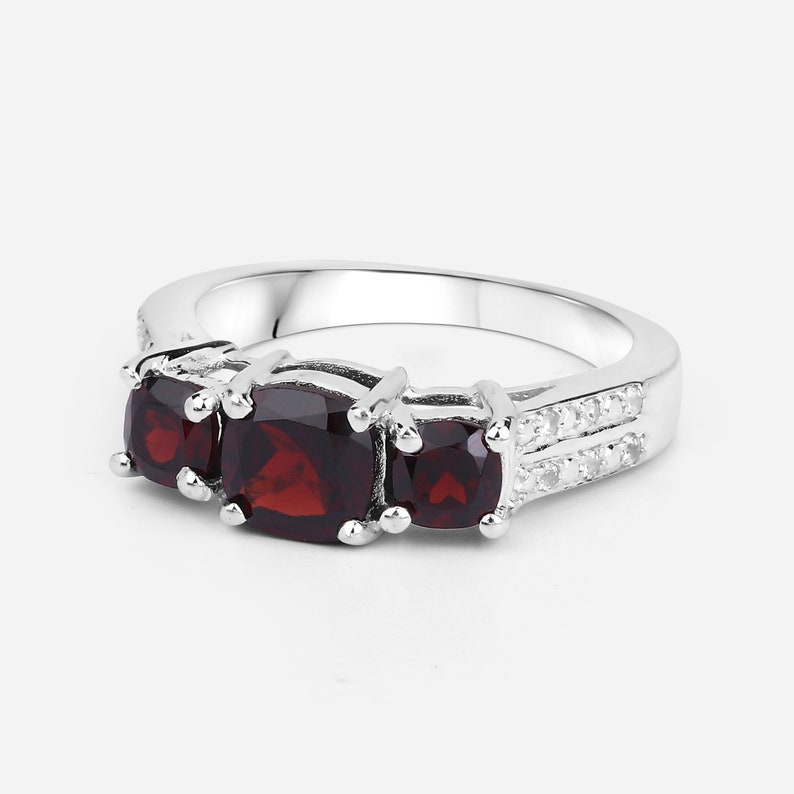 Garnet Silver Ring, Natural 3-Stone Garnet Ring in 925 Sterling Silver, Mozambique Garnet Silver Ring, January Birthstone Ring