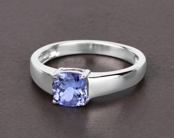 Tanzanite Ring, Natural Tanzanite Cushion Solitaire Ring in Sterling Silver Ring, Genuine Tanzanite Cushion Silver Ring, December Birthstone