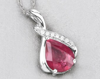 14K Solid White Gold Genuine Ruby and White Diamond Teardrop Pendant, Ruby Pear Shape Crossover Pendant, July Birthstone, Bridal Gift