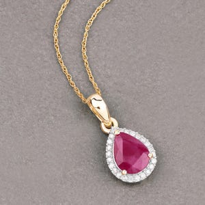 Ruby Teardrop Pendant, Genuine Ruby and White Diamond 10K Yellow Gold Halo Pendant, Ruby Pear Shape Pendant, July Birthstone, Gift For Her