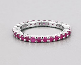 Ruby, Ruby Silver Ring, Genuine Ruby Sterling Silver Ring, Ruby Eternity Band Ring for Women, July Birthstone Ring for Her