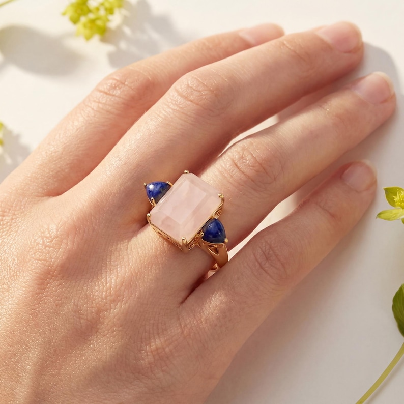 Pink Opal Ring, Natural Pink Opal & Lapis 3-Stone Cocktail Ring, .925 Sterling Silver Yellow Gold Plated, Pink Gemstone Ring, Gift for Wife bild 2