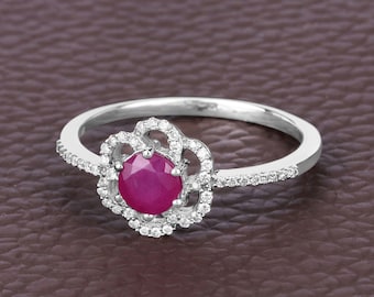 14K Gold Ruby Ring, Natural Ruby and Diamond White Gold Ring, Minimalist Ring, Dainty Ruby Gold Ring, July Birthstone, Engagement Ring