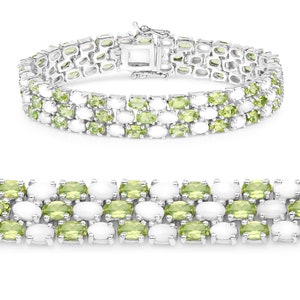 Peridot Bracelet, Natural Peridot & Opal Ovals 3-Row Tennis Bracelet in .925 Sterling Silver, August Birthstone, Anniversary Bracelet