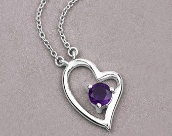 Amethyst Necklace, Genuine Amethyst Sterling Silver Heart Shape Pendant Necklace, Valentine Necklace, February Birthstone, Gift for Her