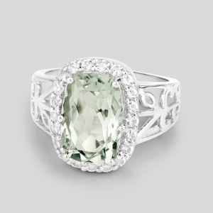 Prasiolite Ring, Natural Prasiolite Ring, Prasiolite Emerald Cushion Cut, Anniversary Ring, Sterling Silver Ring, February Birthstone Ring