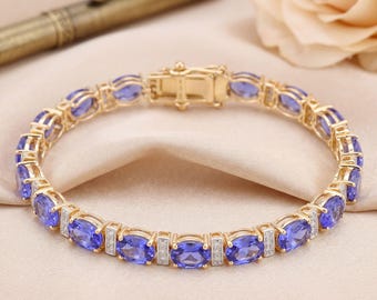 14K Gold Tanzanite & Diamond Bracelet, Tanzanite 14K Yellow Gold Bracelet, Tanzanite Bracelet, December Birthstone, Anniversary Gift For Her