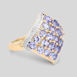 Tanzanite Ring, Real Tanzanite Cluster Ring in .925 Sterling Silver with 18K Yellow Gold Plated, for Women, December Birthstone