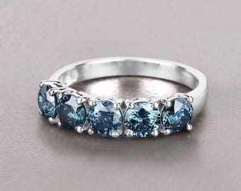 Blue Diamond Ring, 5 Stone Blue Diamond White Gold Ring, White Gold Ring, April Birthstone Ring, Gift for Women, Bridesmaid Gift