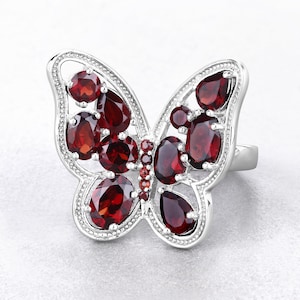 Garnet Ring, Genuine Garnet Sterling Silver Butterfly Ring for Women, Real Garnet Butterfly Ring, January Birthstone Ring
