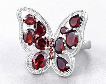 Garnet Ring, Genuine Garnet Sterling Silver Butterfly Ring for Women, Real Garnet Butterfly Ring, January Birthstone Ring