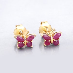 Ruby Earrings, Genuine Ruby 14K Yellow Gold Sterling Silver Butterfly Stud Earrings, Dainty Butterfly Ruby Earrings, Bridesmaid Gift