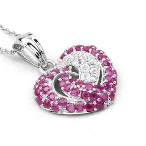 Natural Ruby Heart Pendant Sterling Silver | White Sapphire Cluster Necklace | July Birthstone Jewelry Gift for Her | Valentine’s Day Gift