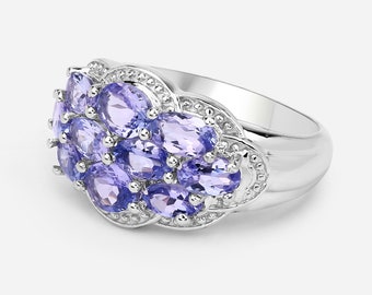 Tanzanite Ring, Real Tanzanite Cluster Ring in .925 Sterling Silver with Rhodium Plating, for Women, December Birthstone