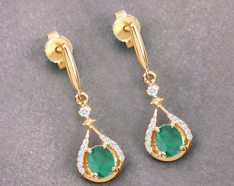 Dangle Gold Earrings, 14k Yellow Gold Emerald Earrings, Gold Dangle Earrings, Green Earrings, Minimalist Gold Earrings, Christmas Gifts