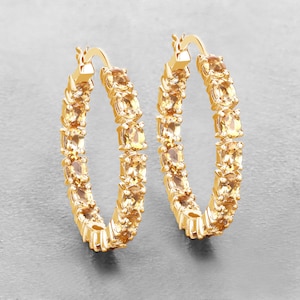 Citrine Earrings, Genuine Citrine Hoop Silver Earrings for Women, Natural Yellow Gemstone Earrings, Yellow Gold Plated Silver Earrings