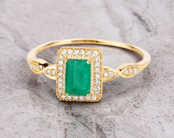 Emerald Ring, 14k Octagon Cut Emerald Ring with Surrounding Diamonds, Natural Emerald Ring in 14k Yellow Gold, Emerald Gold Halo Ring, Green