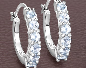 Aquamarine Earrings, Genuine Aquamarine Sterling Silver Earrings, March Birthstone Earrings, Hinged Hoop Earrings, Blue Earrings