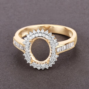 14k Gold Semi Mount Ring with Natural Diamonds, Customizable Yellow Gold Ring Semi-Mount, 14k Diamond Semi-Mount - holds 9x7mm Oval Stone