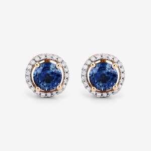 14k Gold Sapphire Earrings, Genuine Blue Sapphire and Diamond Earrings 14k Yellow Gold, September Birthstone Earrings, Bridesmaid Earrings