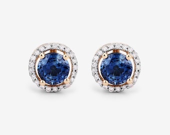 14k Gold Sapphire Earrings, Genuine Blue Sapphire and Diamond Earrings 14k Yellow Gold, September Birthstone Earrings, Bridesmaid Earrings