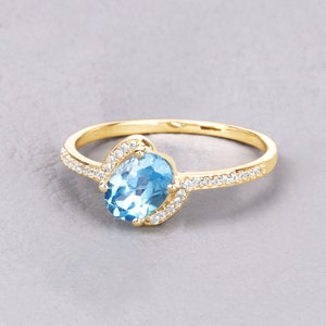 14K Gold Blue Topaz Ring, Natural Swiss Blue Topaz and Diamond Yellow Gold Ring, Minimalist Ring, Dainty Ring, December Birthstone Ring