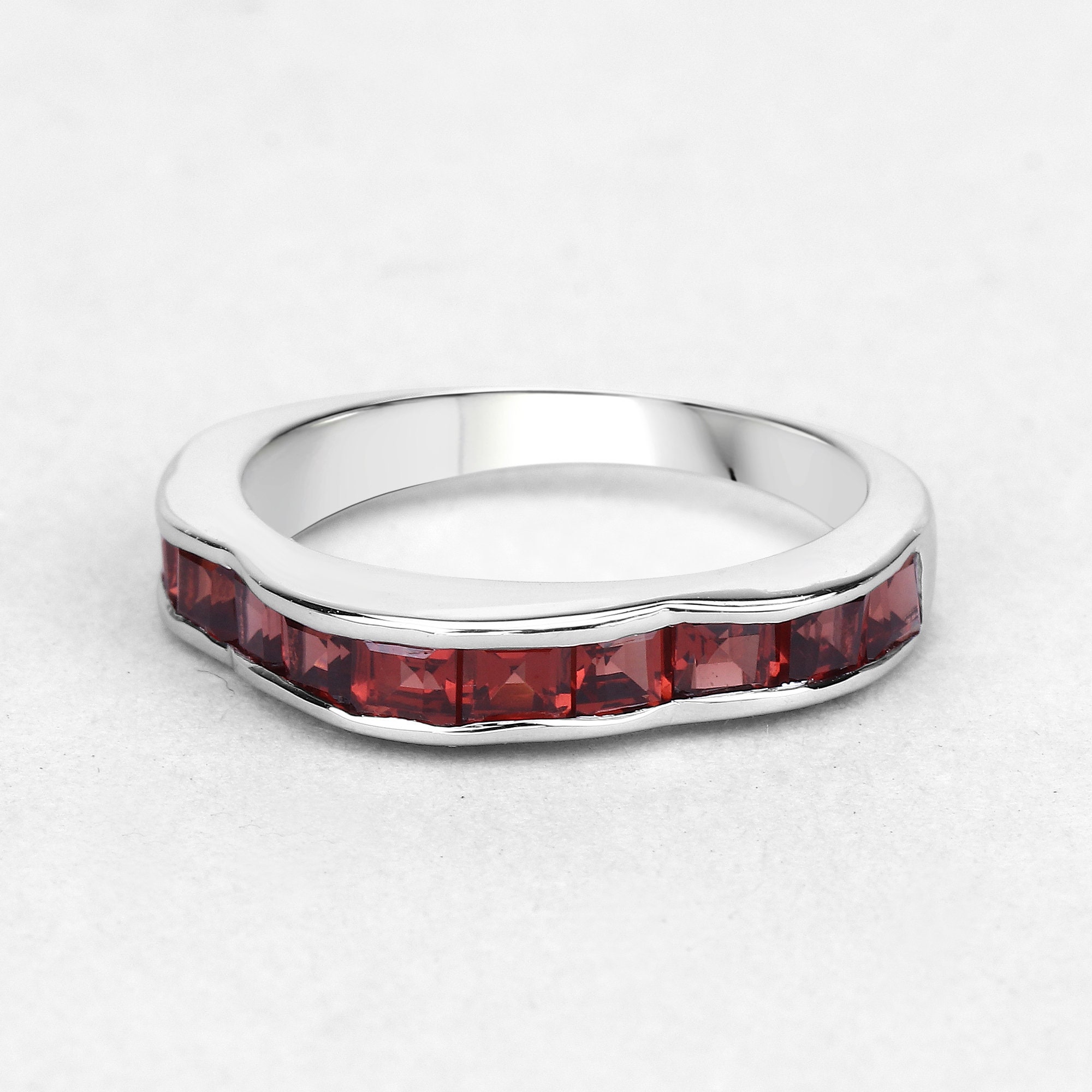 Garnet Silver Ring, Natural Garnet Half-Eternity Band Ring in 925 Sterling Silver, Mozambique Garnet Silver Ring, Bridesmaid Gift for Her