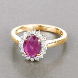 Ruby Ring, Genuine Ruby and White Diamond 14K Yellow Gold Halo Ring, July Birthstone, Ruby Gold Ring, Pink Gemstone Ring, Wedding Ring