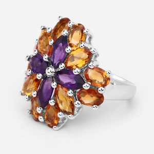 Natural Amethyst and Citrine Cluster Ring / Amethyst Silver Ring for Women  / February Birthstone Ring