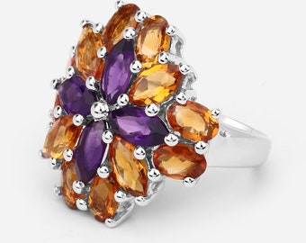 Natural Amethyst and Citrine Cluster Ring / Amethyst Silver Ring for Women  / February Birthstone Ring