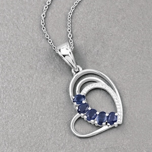 Genuine Blue Sapphire Sterling Silver Heart Shape Pendant Necklace, September Birthstone Pendant, Gifts for Mom, Valentine&#39;s Gift