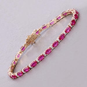 14k Gold Ruby Bracelet, Genuine Ruby Ovals and Diamond Gold Bracelet for Women, 14k Solid Yellow Gold Ruby Tennis Bracelet, July Birthstone