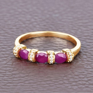 14K Gold Ruby Ring, Natural 3-Stone Ruby Yellow Gold Ring for Women, Engagement Ring, July Birthstone, Minimalist Ring, Dainty Ruby Ring
